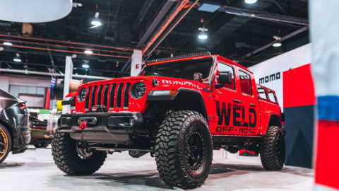 King's Tire Red Jeep Gladiator - WELD Off-Road Ledge Beadlock Wheels