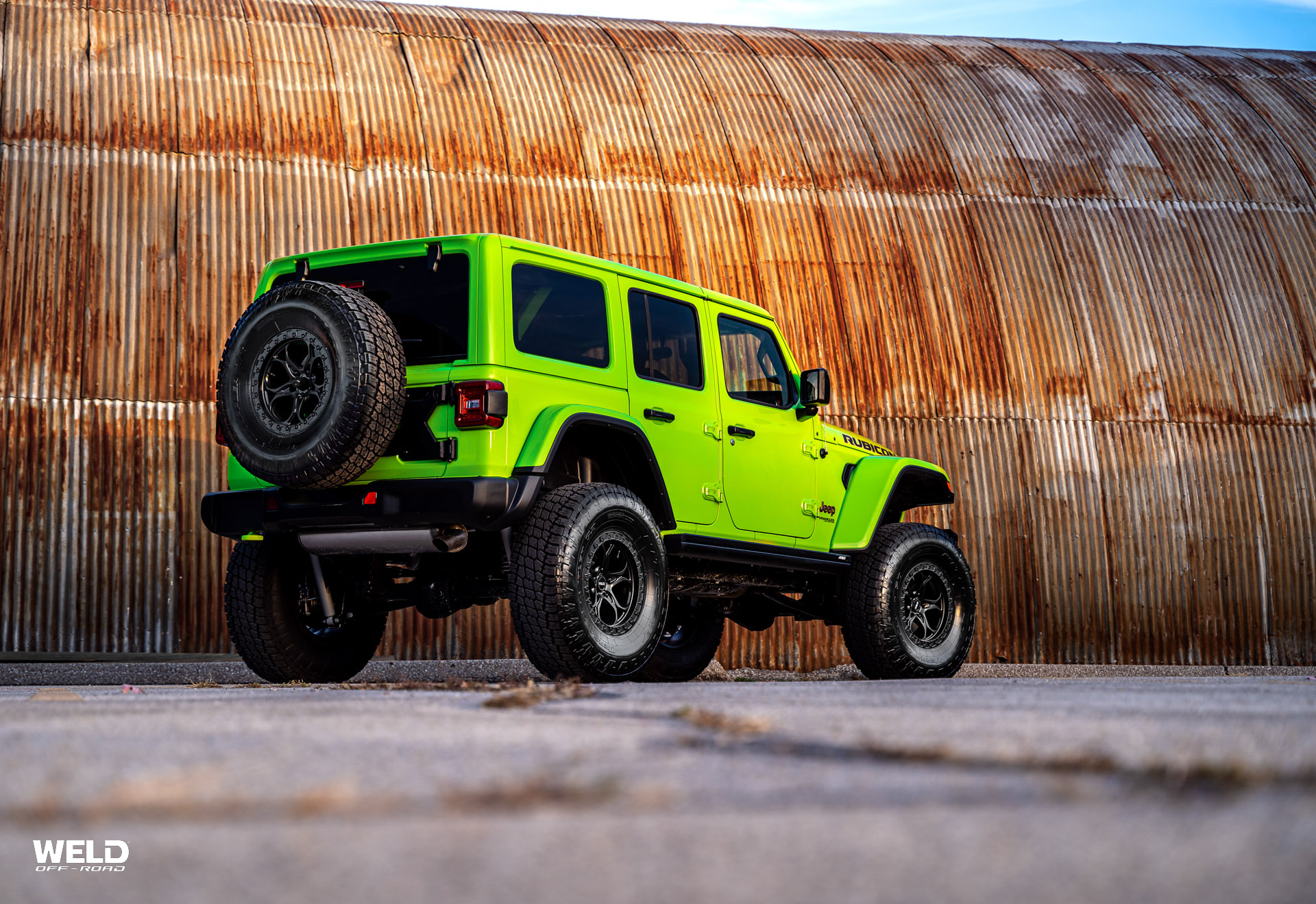 Lime Green Jeep Rubicon With Ledge Satin Black | WELD Wheels