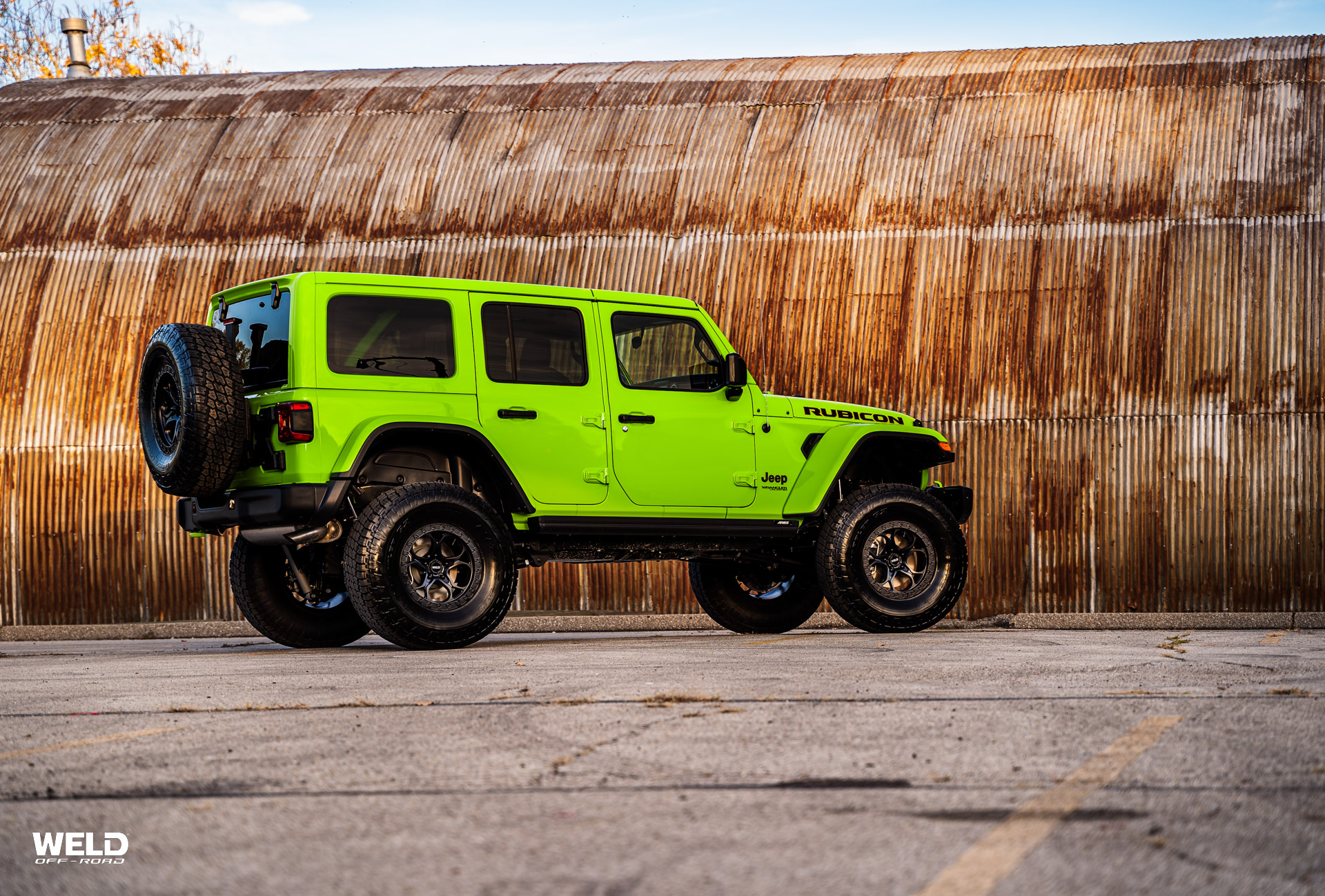 Lime Green Jeep Rubicon With Ledge Satin Black | WELD Wheels